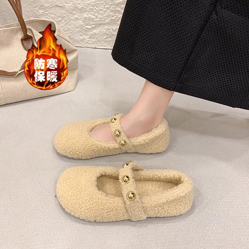 Flat bottom fluffy shoes women's autumn and winter fashion shallow mouth velvet Mary Jane shoes cotton shoes