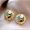 Monet Garden Oil Painting Style Luxury Imitation Pearl Stud Earrings Medieval Summer Earrings Retro Earrings