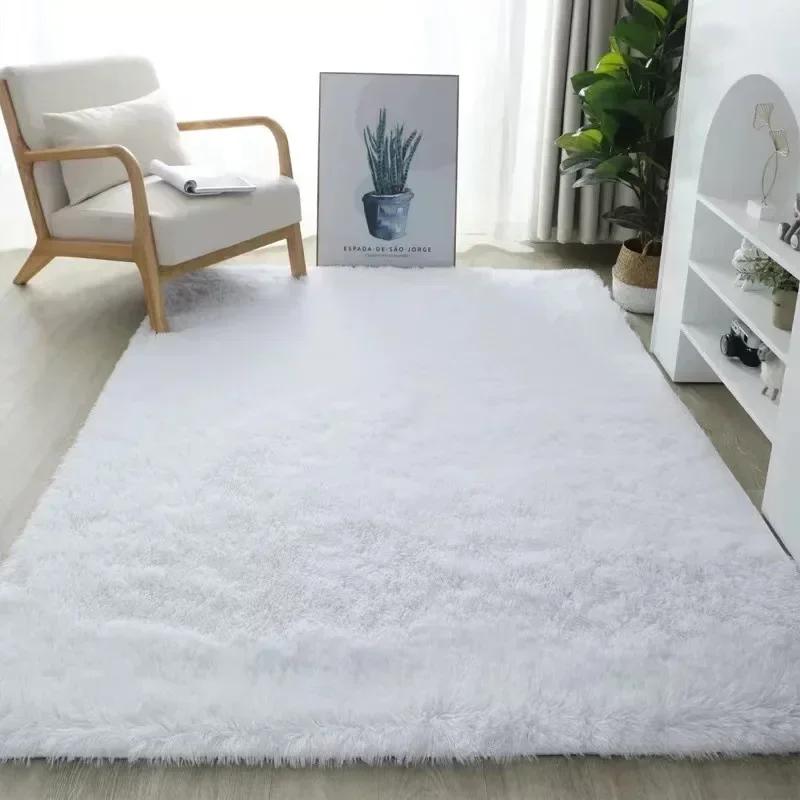 Fluffy Cream White Woolen Rug Solid Color Silk Wool Bedside Blanket Women's Room Rug Non Slip Bottom Living Room Mat Home Decor