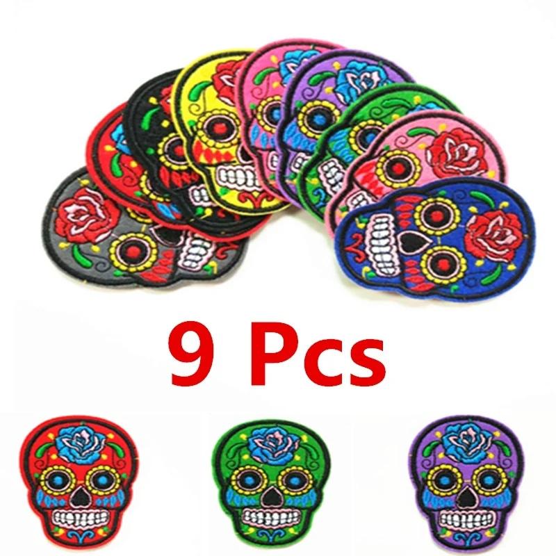 9Pcs/set Of DIY Multicolor Skull Clothing Patch Fashion Jeans Embroidery Fabric Badges In Random Colors