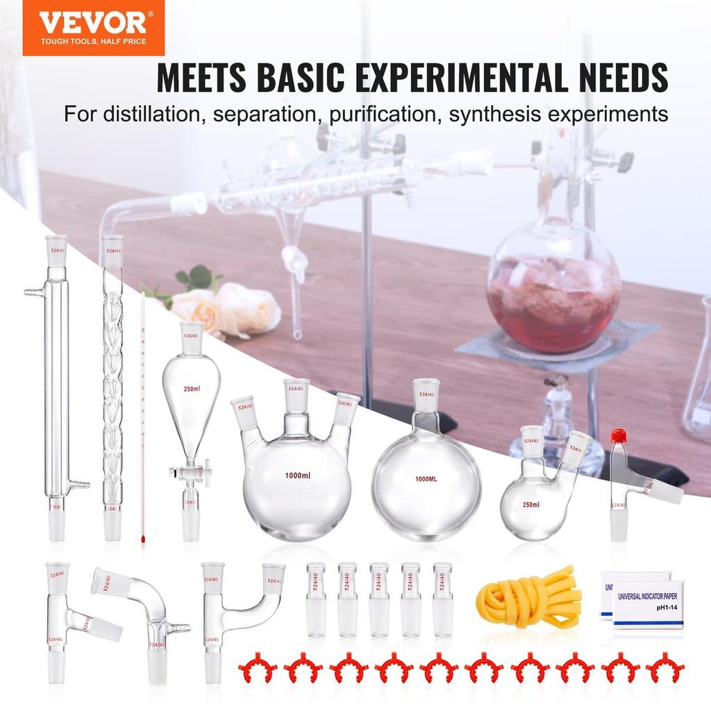 Lab Distillation Kit, 3.3 Boro Lab Glassware Distillation Kit with 24, 40 Joint, 1000ml Essential Oil Distillation Apparatus Kit, 29 Pcs Set of