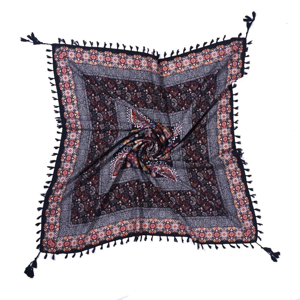 Tassel Trim Russian Square Scarf Floral Print Tassel Shawls Fashion Ethnic Wrap All Seasons A