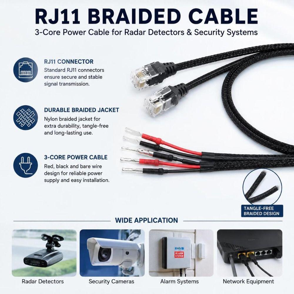 Braided Detector Hardwire Kit RJ11 Connector Detector Tap Cord Car Accessories