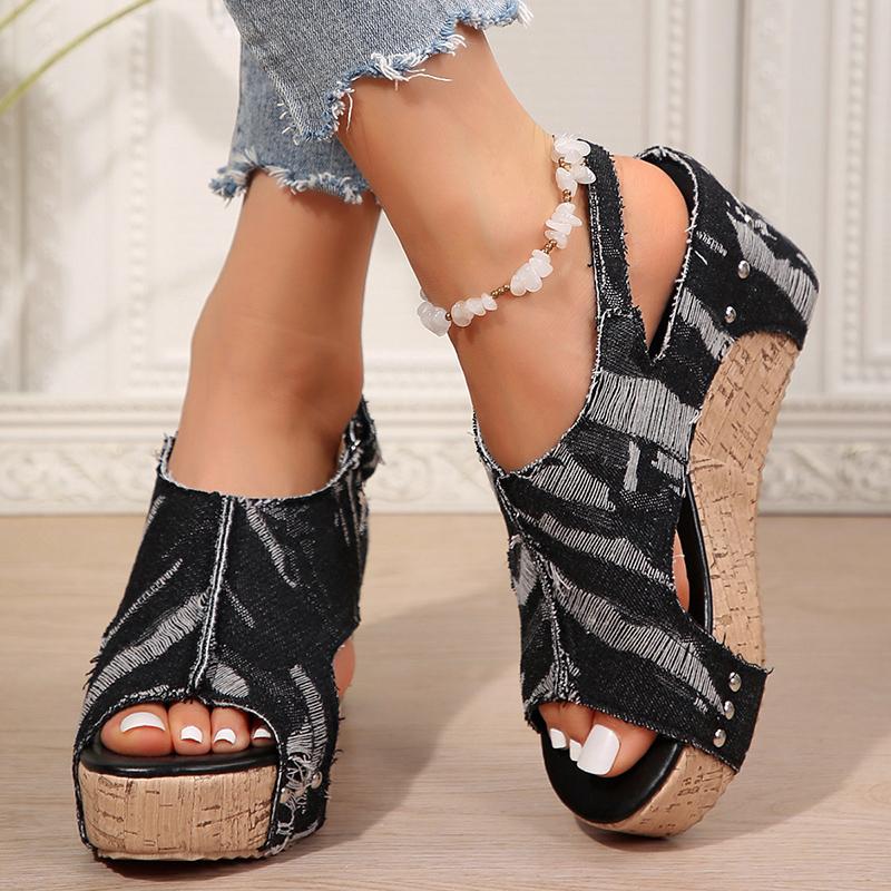Fashion Blue Denim Wedges Sandals for Women 2025 Summer Thick Bottom Beach Shoes Woman Peep Toe Chunky Platform Sandalias Mujer