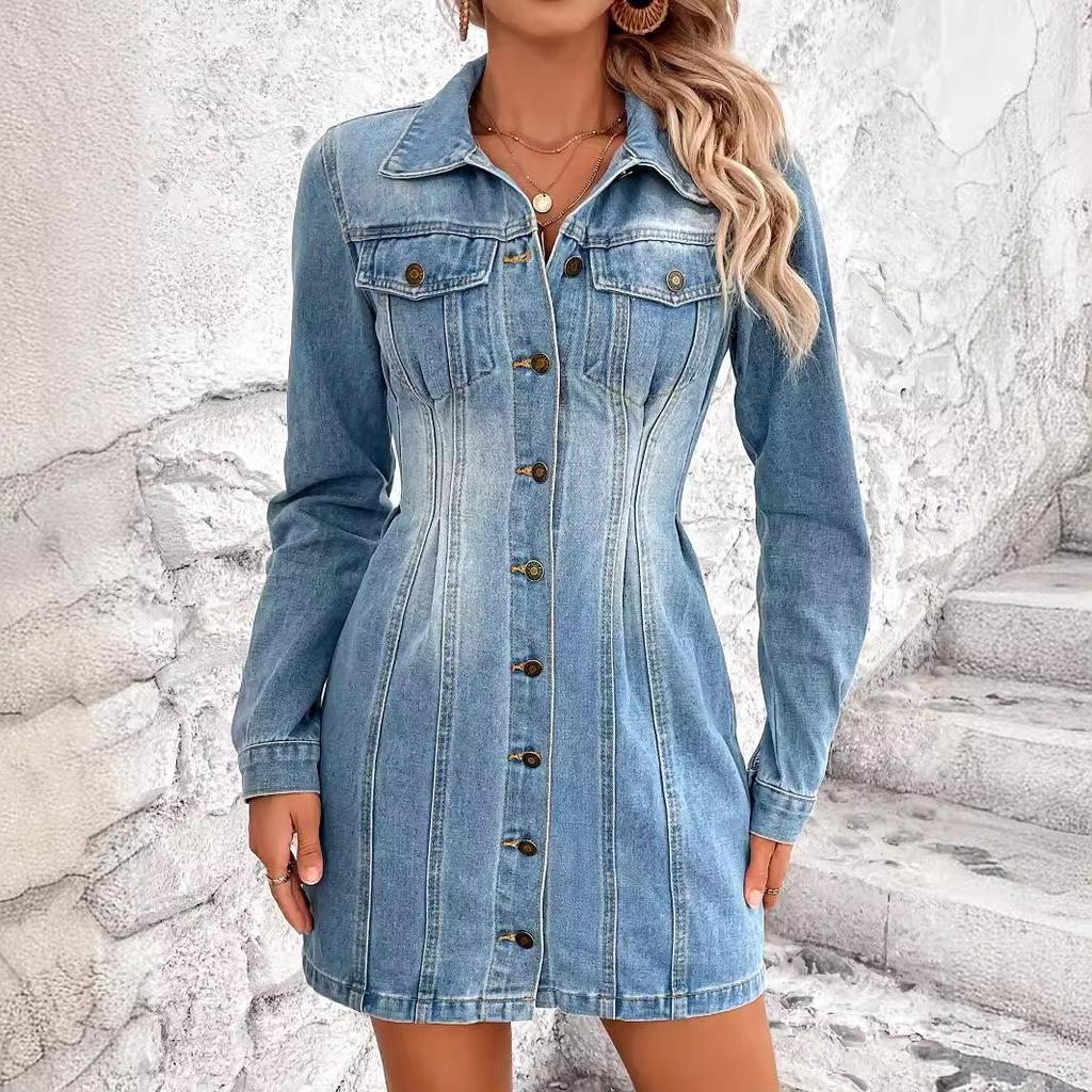 European and American Retro Waist-Cinching Slim Denim Dress