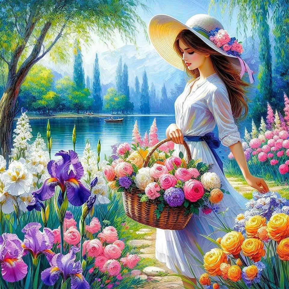 5D DIY Cartoon Square Diamond Painting Kit Woman And Flower Cross Embroidery Handmade Renovation Mosaic Art Gift 2024 New