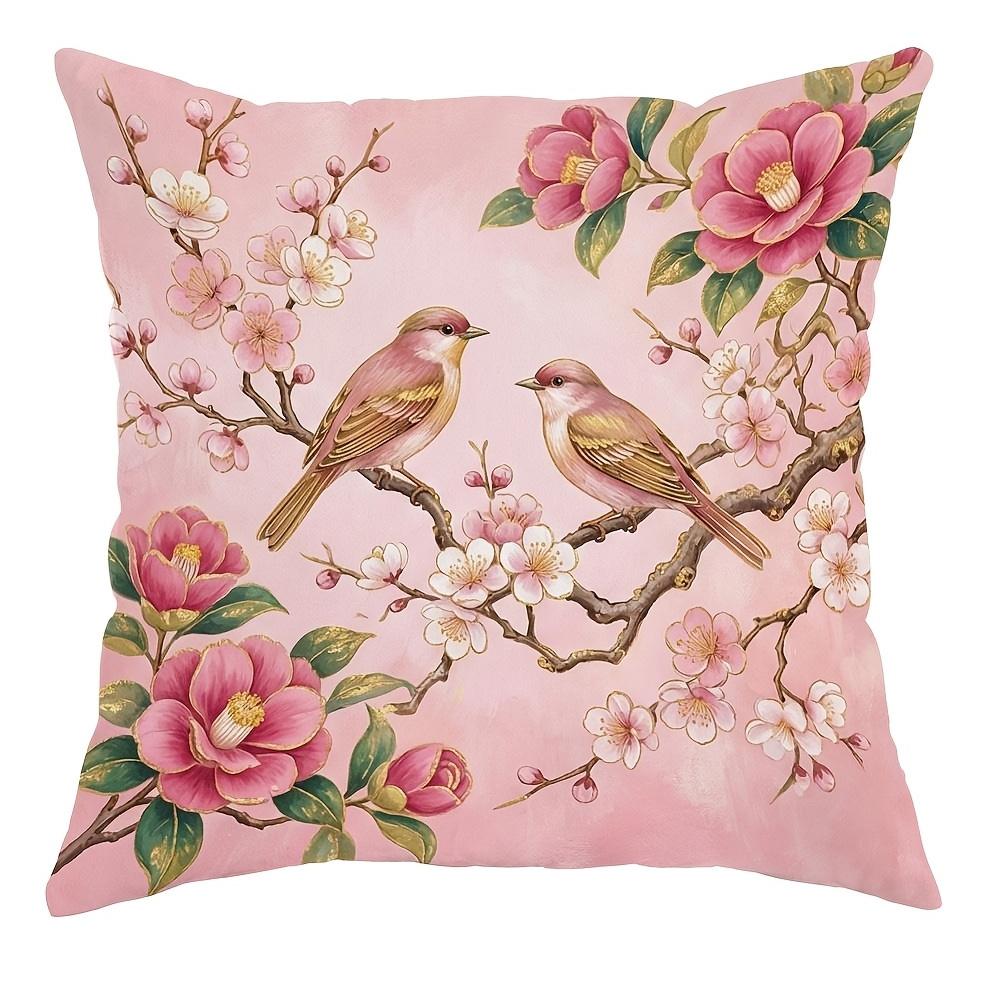 1/4pcs 2D Flat- Chinoiserie Pink Floral & Songbird Throw Pillow Covers Home farmhouse outdoor decoration cushion cover