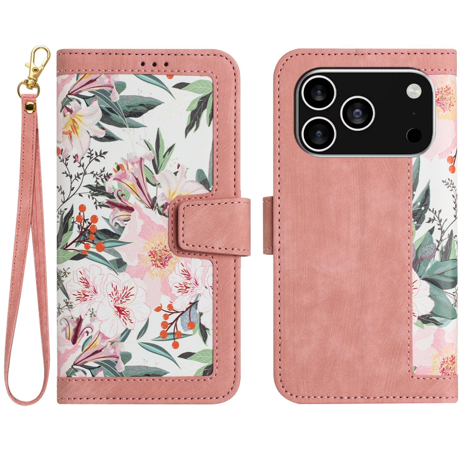For iPhone 17 Pro Case PU Leather Floral Phone Cover with Card Slots Pink
