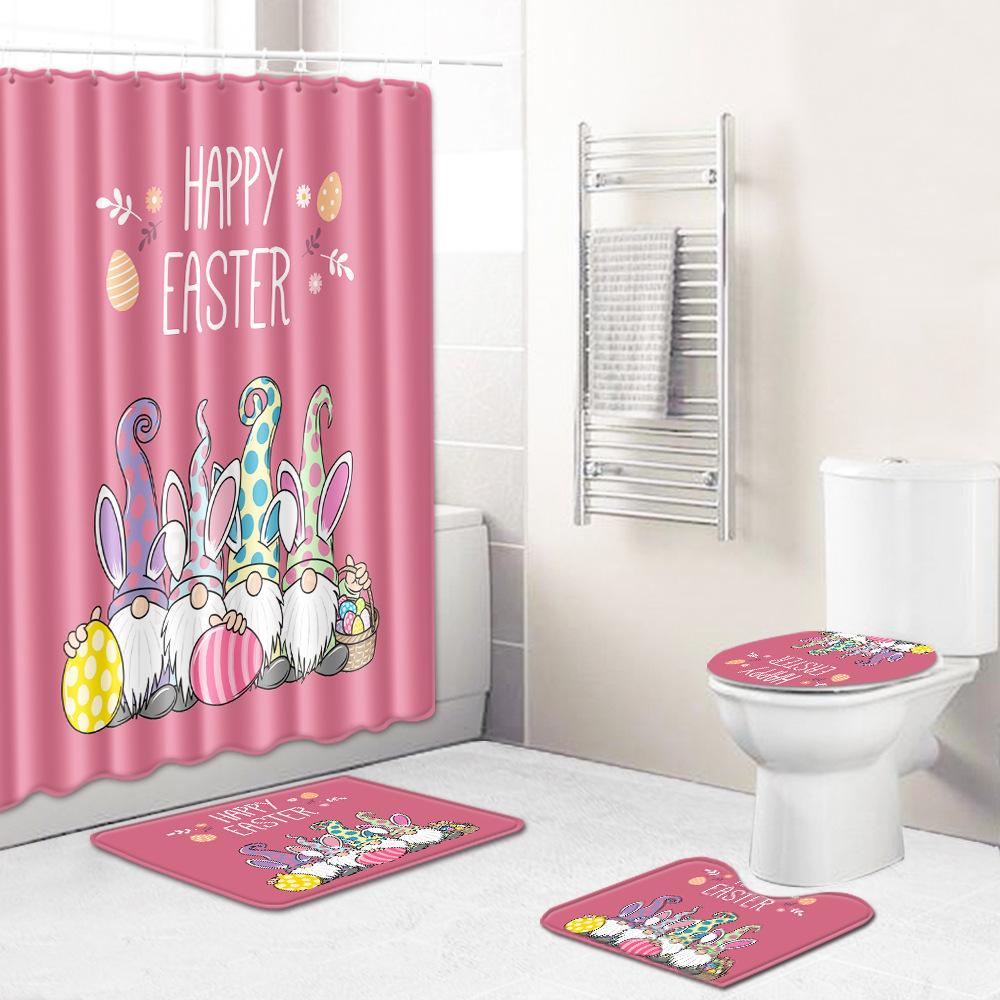 Easter Bunny Shower Curtain Floor Mat Four-Piece Set Bathroom Toilet Carpet Shower Room Mat Foot Mat