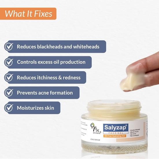 Fixderma Salyzap Face gel, Oil free hydrating gel, Deep Moisturization, Soothes acne and redness, Dermatologist tested - 50ml