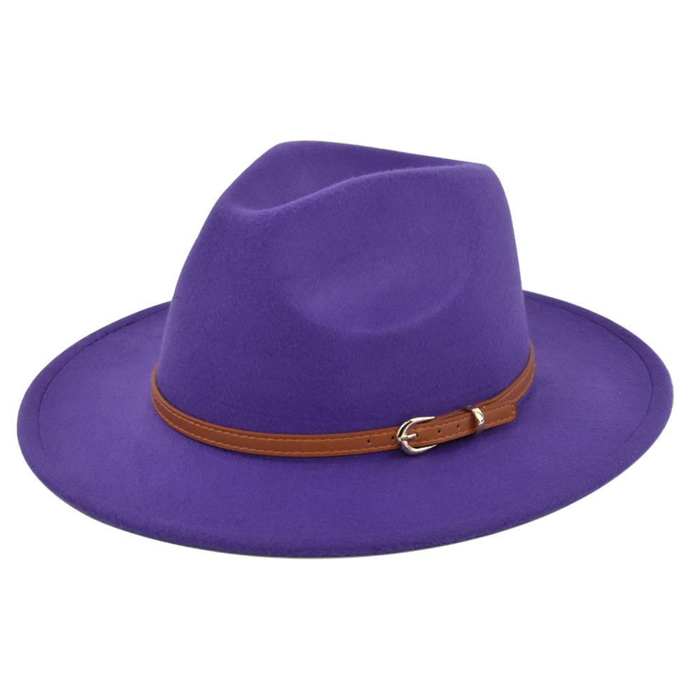 Retro jazz hat, dark khaki belt, woolen hat, cowboy ancient black woolen hat, flat brim hat