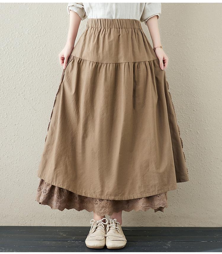 Japanese Mori Girl Linen Half Skirt: Women's Elastic Waist, Heavy Embroidery, Mid-Length A-Line Design.