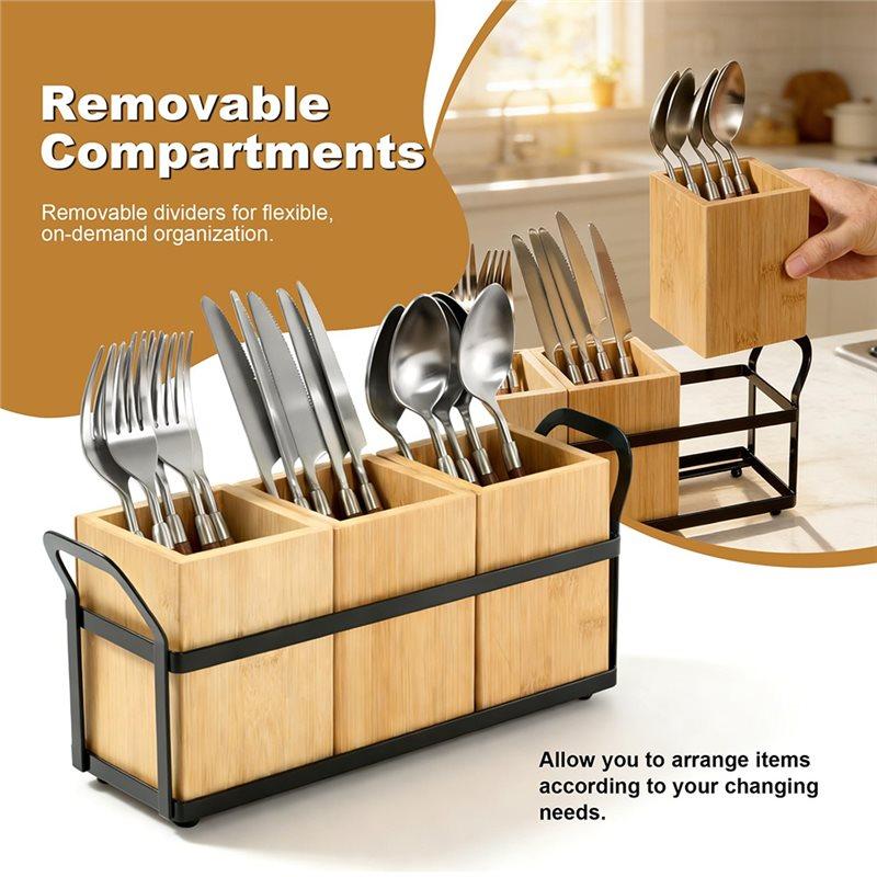 SHGO-Bamboo For Countertop Kitchen Utensil Holder 3-Compartments Organizer For Cooking Tools, Silverware, And Spatulas