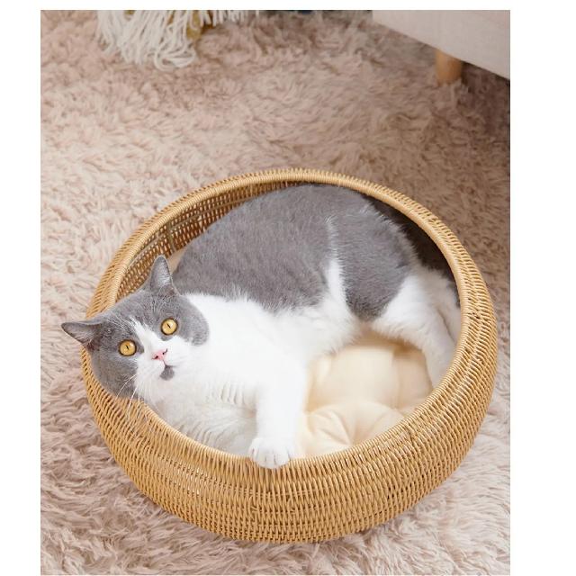 PP Rattan Circular Cat Cage Pet Bed Warm Autumn Winter Pad Cat Beds Removable Washable Doghouse Hammock for Cats Villa Nest