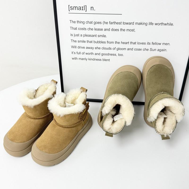 Children's Warm Snow Boots Leather and Fur Short Boots Waterproof and Non-slip One-step Cotton Shoes