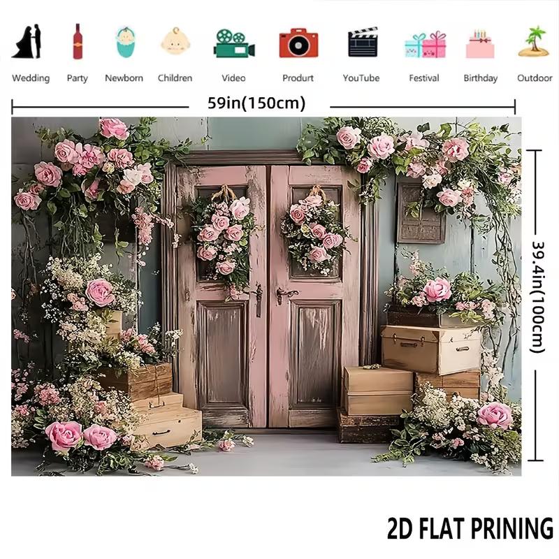 2D Rustic Wood Door & Rose Flower Background for Wedding Photoshoot