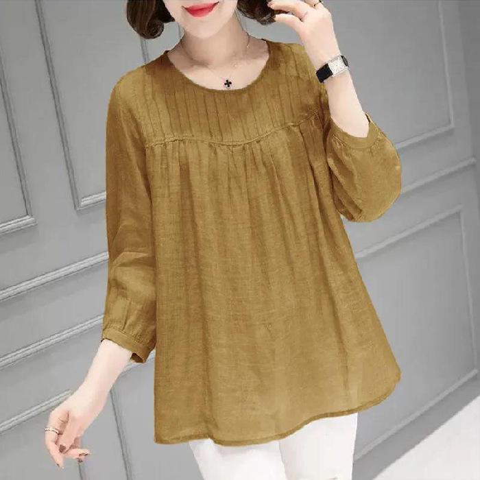 Summer Women's Clothing Solid Cotton Linen Round Neck Short Sleeve Female Clothing Large Loose Slim Breathable Casual Tops