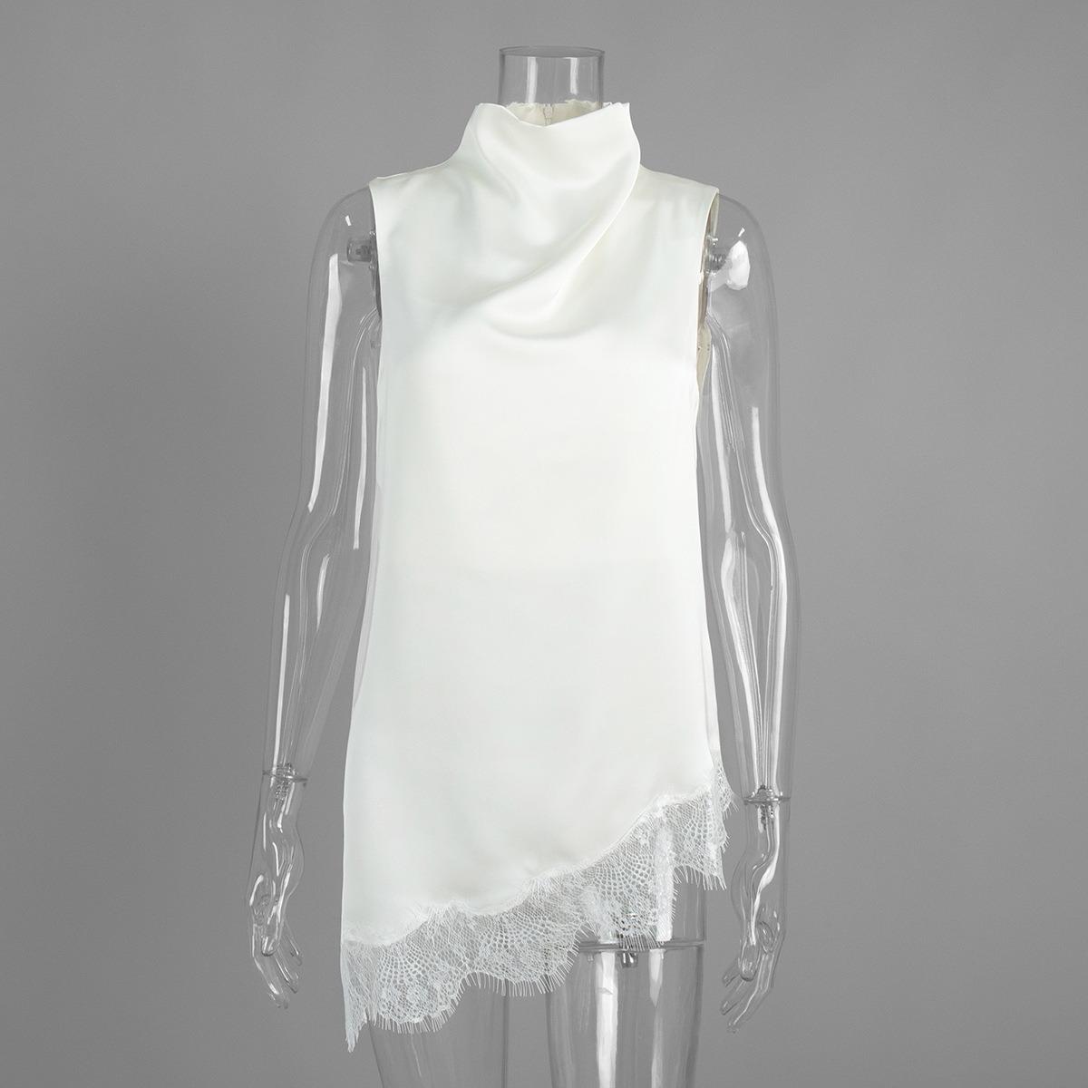 Summer New Women s Sleeveless Irregular Lace Trim Mock Neck Satin Tank Top S