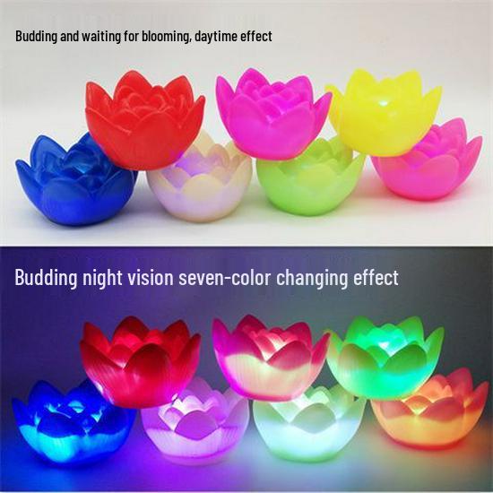 Seven-Color Lotus Lamp: Night Light for Prayer, Blessing, and Dharma with Guanyin and Buddha Offerings, Featuring Electronic Candle.