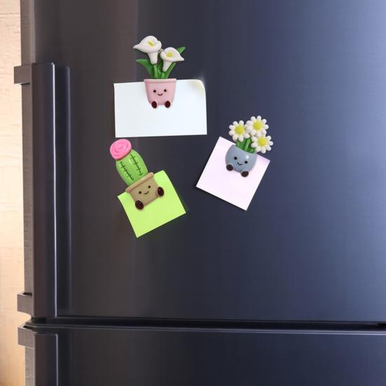 2Pcs Cartoon Potted Plants Fridge Magnet Resin 3D Potted Cactus Aloe Lily Tulip Flower Refrigerator Magnet Kitchen Home Office Decoration