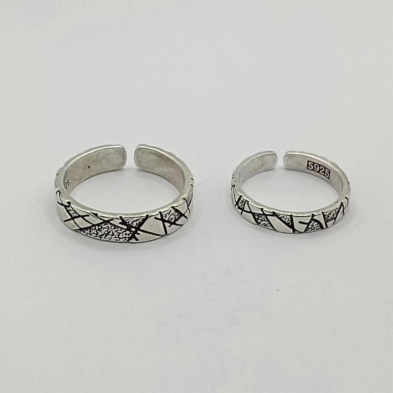 Adjustable Sterling Geometric Rhombus Ring Set Couples Vintage Retro Unisex Handmade Jewelry