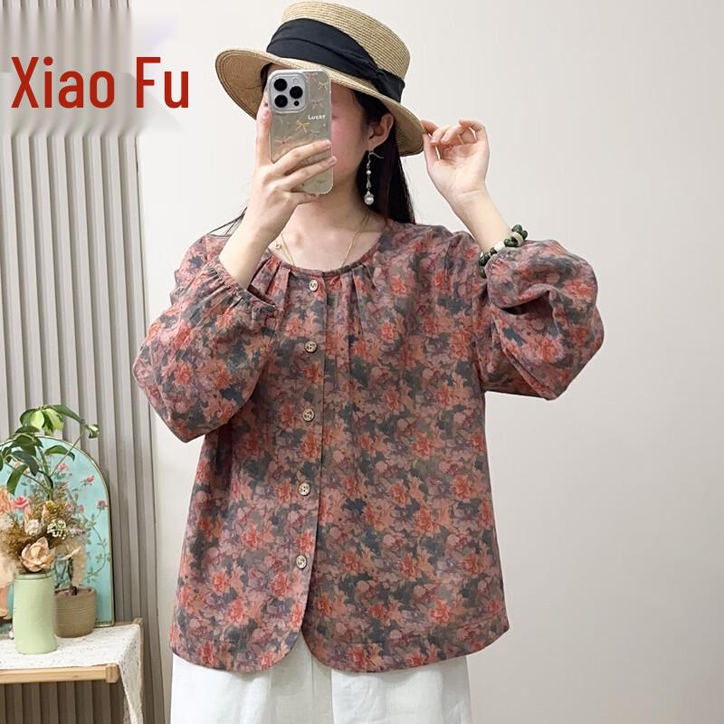 Women s Loose Floral Round Neck Puff Sleeve Blouse XL