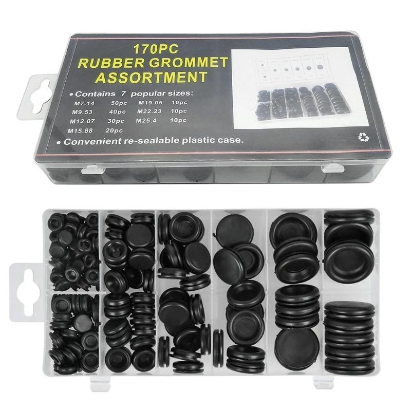 170pcs Black Rubber Grommet Firewall Hole Plug Retaining Ring Set Car Electrical Wire Gasket Kit for Valve Water Pipe Tools Set