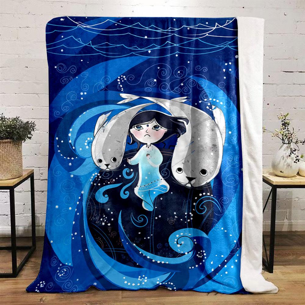 A Woman, Seals, and Swirling Blue Waves with Intricate White Patterns. for All Seasons Blanket Lunch Break Throw Gift
