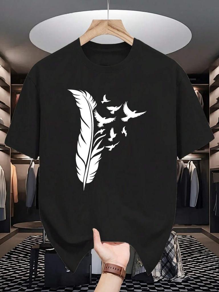 Unisex T-Shirt mit Federdruck, Kurzarm, Rundhals, Lässiges Oberteil