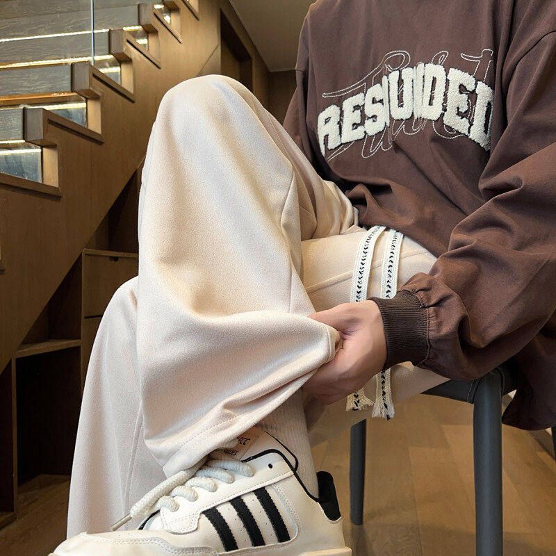 Fang Shaonan's White Casual Drawstring Straight-Leg Pants from the Trendy Brand Goodbai, Loose Wide-Leg Pants for Men