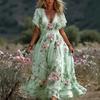 Women's Boho V-Neck Maxi Dress, Floral Print Short Sleeve Casual A-line Dress, Vintage Western Travel Vacation Outfits