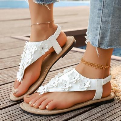 White Flower Decor Flat Sandals Women 2026 Summer Non-slip Beach Flip Flops Woman Plus Size 43 Bohemian Style Thong Sandals