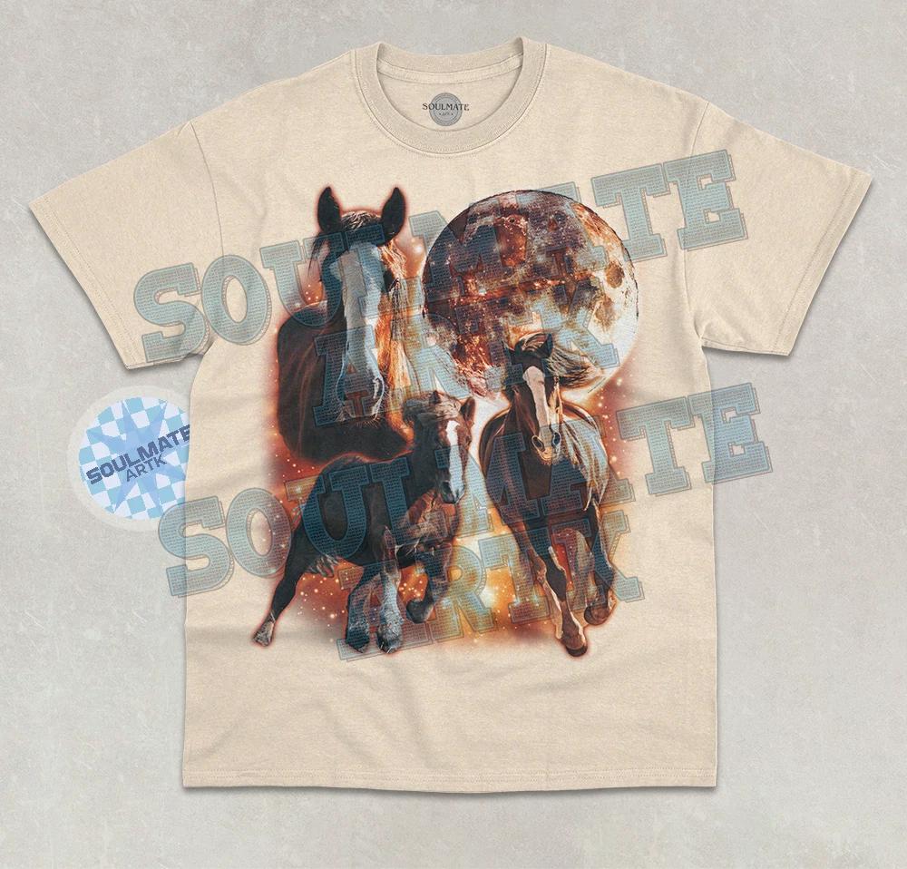 Three Horses Moon T- Shirt Funny Meme Horse Animal Lover Graphic Unisex Shirt S