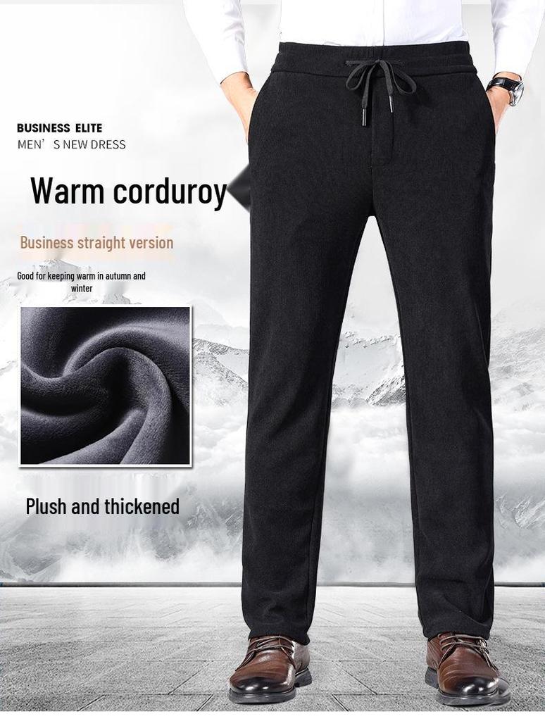 Calças de Veludo Cotelê Masculinas com Forro de Lã - Elásticas, Ajuste Solto, Perna Reta para Outono e Inverno