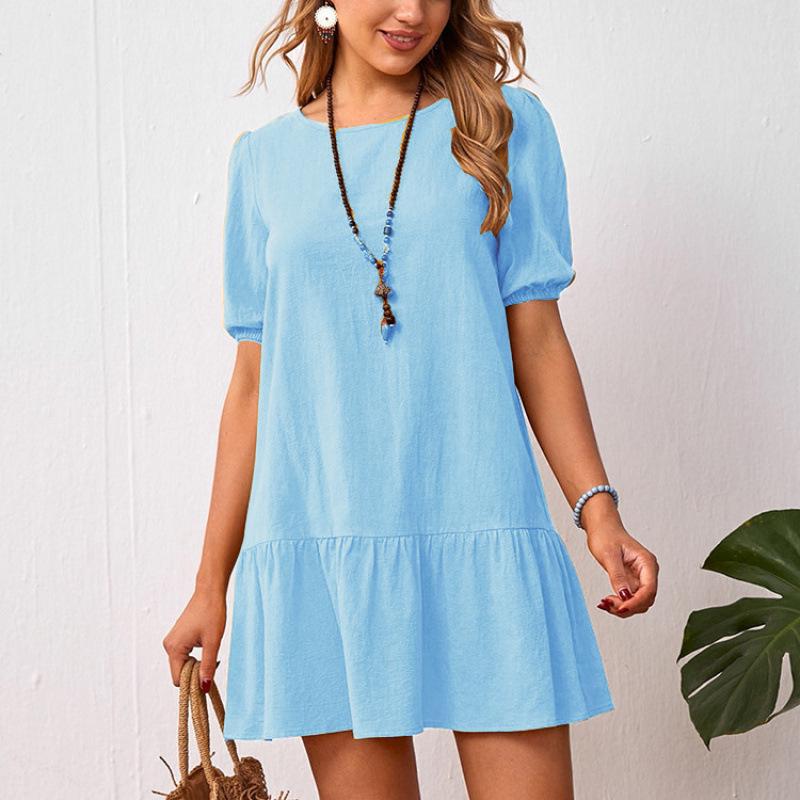 

2026 European Women s Solid Color Loose Waist Cotton Linen Dress, Round Neck, High Waist Slimming Large небо синє кольору