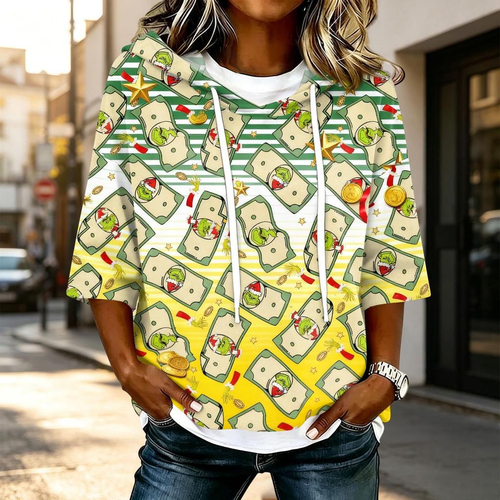 Women's Casual 3/4 Sleeve Christmas Print Hooded T-Shirt Top