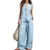 Women Sleeveless V Neck Button Up Vest And Wide Leg Pants Set Casual Loose Fit Linen Blend Two Piece Outfit