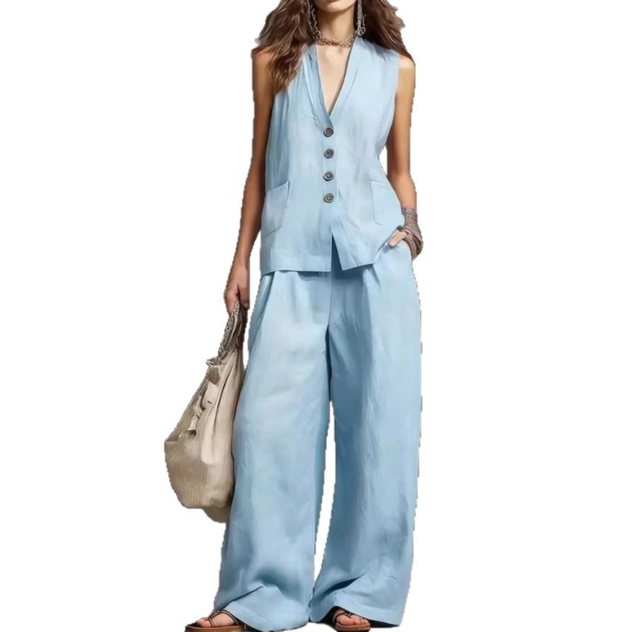 Women Sleeveless V Neck Button Up Vest And Wide Leg Pants Set Casual Loose Fit Linen Blend Two Piece Outfit