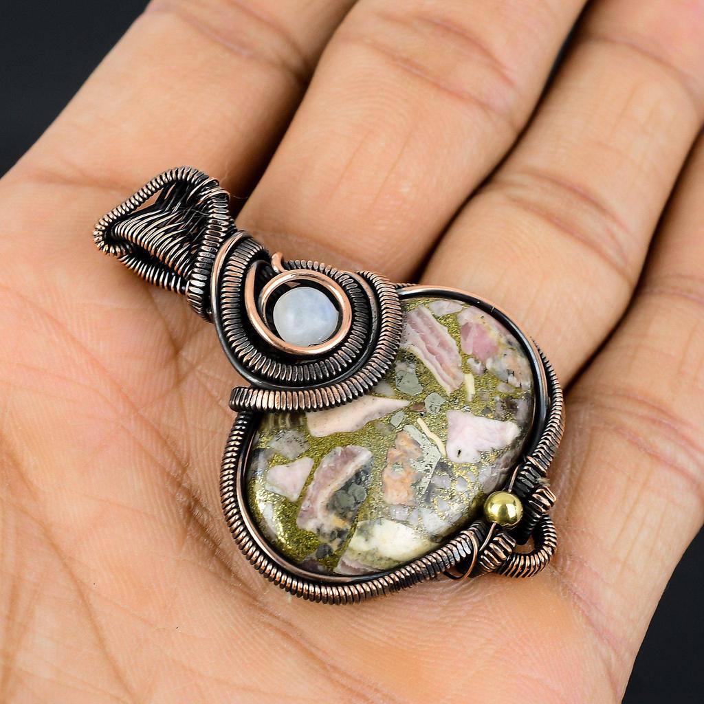 Copper Rhodochrosite Pendant, 999 Copper Wire Wrapped Jewelry, Gemstone Jewelry Pendant, Handmade Wedding Gift Jewelry