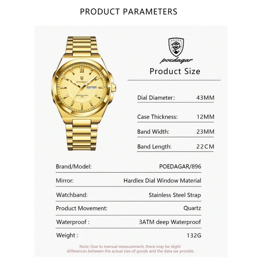 POEDAGAR 1 pz Orologio da Uomo al Quarzo Impermeabile Luminoso in Acciaio Inossidabile con Indicazione di Data e Giorno, Regalo da Uomo