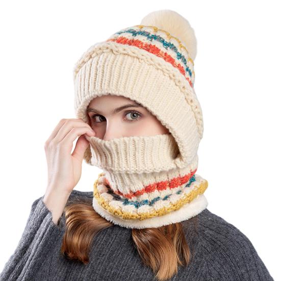 Women Hat with Long Scarf Full Face Guard Warm Knit Thermal Fleece Winter Ski Hat Patchwork Color Plush Ball Decor Cold Weather Headgear