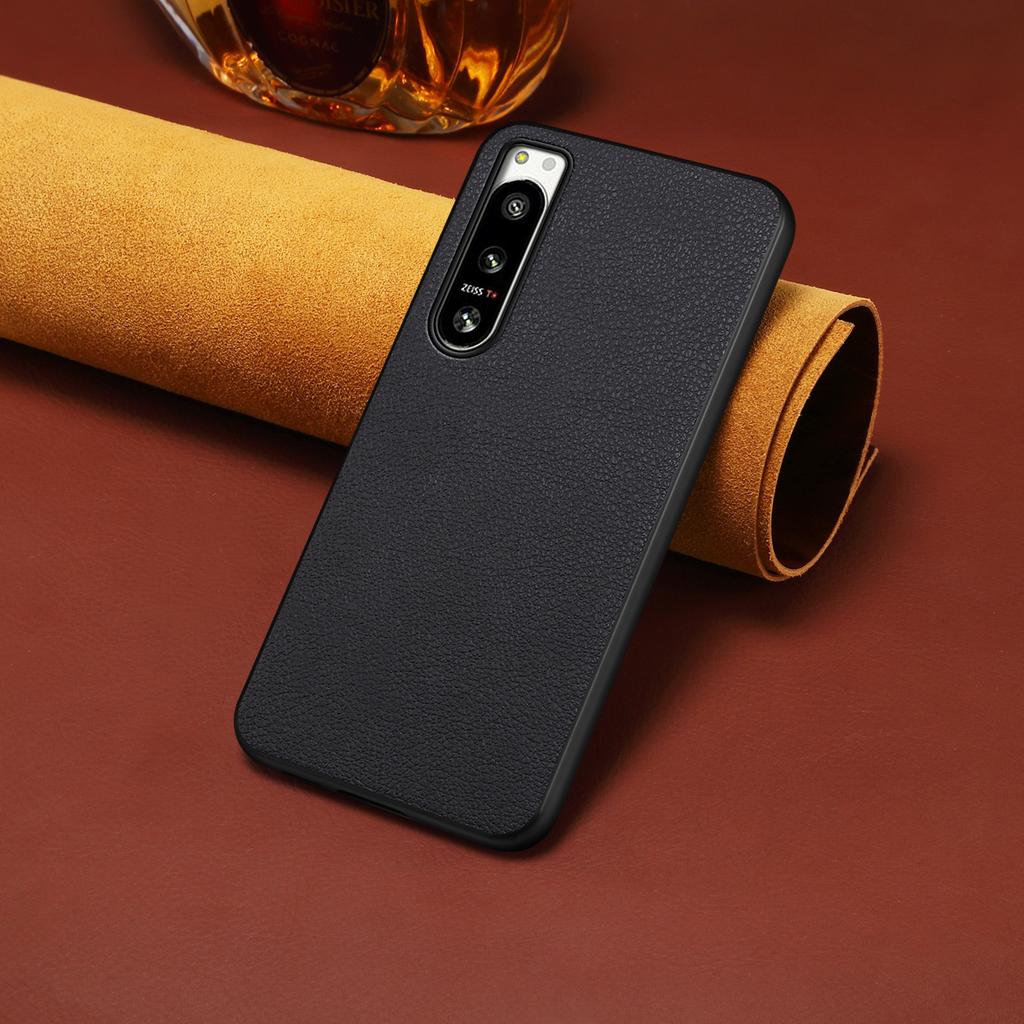 For Sony Xperia 5 IV 5G Phone Case Leather Coated PC+TPU Calf Texture Phone Cover