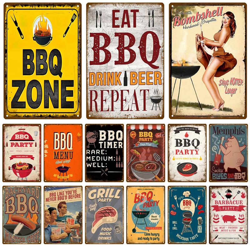 BBQ Zone Metal Sign Vintage Tin Sign Dad`s BBQ Yard Outdoor Party Decoration Plate Retro Barbecue Rules Slogan Decor Accessories