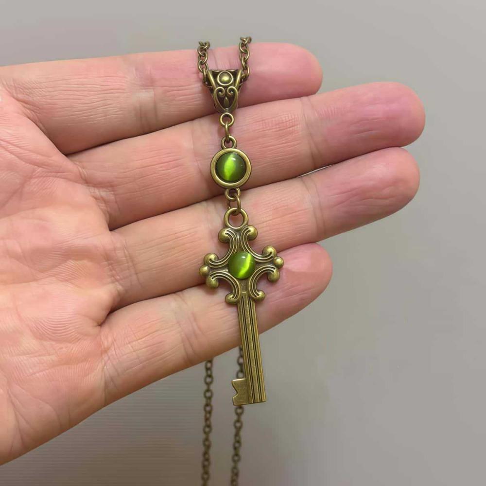 Victorian Green Gemstone Bronze Color Treasure Box Key Cross Pendant Necklace for Women Gothic Halloween Party Vampire Jewelry