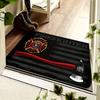 Firefighter Doormat Black Wood Grain Flannel Rug, Fire Department Emblem Non-Slip Machine Washable Door Carpet for Decor