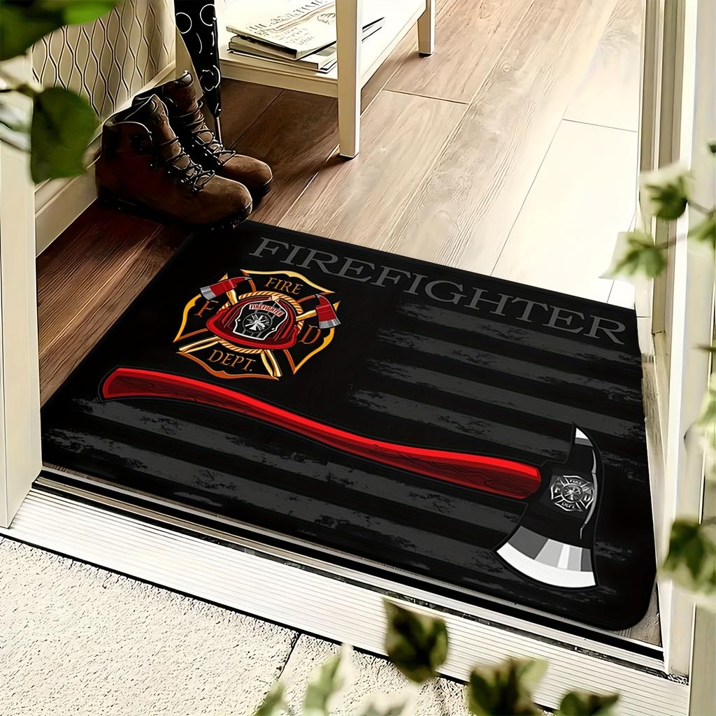 Firefighter Doormat Black Wood Grain Flannel Rug, Fire Department Emblem Non-Slip Machine Washable Door Carpet for Decor