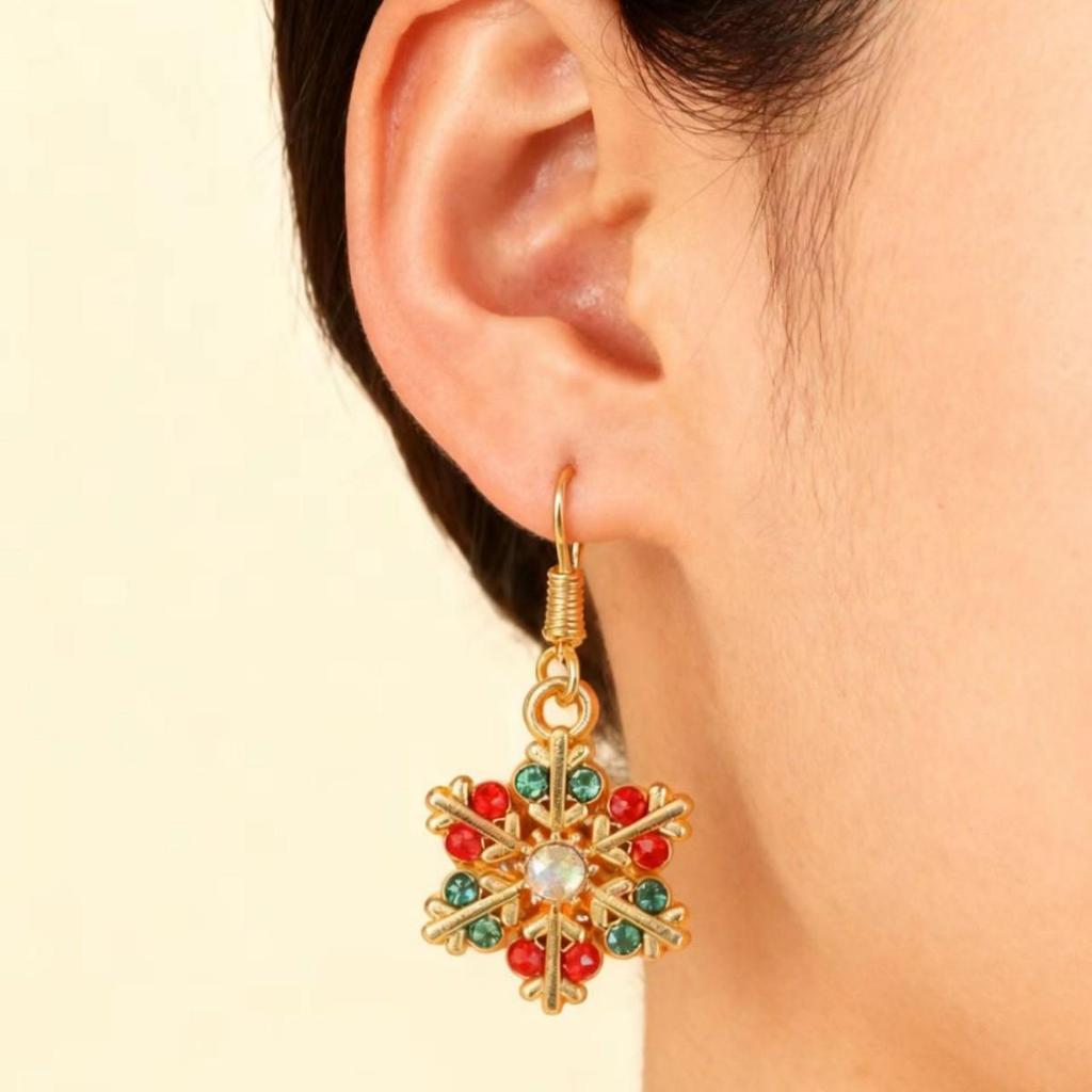 Boucles d'oreilles pendantes flocon de neige strass colorés 2025 - Design élégant à six pétales pour bijoux de Noël pour femmes