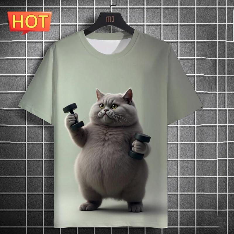 Hip Hop Cool Cat Vintage T-shirt Men's Clothing Street Personality Y2k Short Sleeve