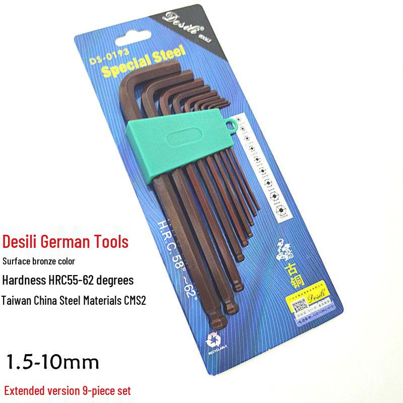 De si li German-Style S2 Hardened Antique Bronze Hex Wrench Set, Ball End, Extra Long, 9-Piece and 7-Piece Sets.