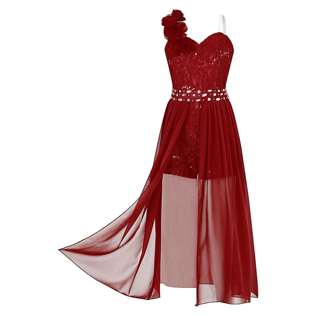 Vestito da Festa con Applicazione Brillante di Perline per Ragazze Tuta con Pizzo e Paillettes Romper con Sovrapposizione in Chiffon Vestito per Compleanno e Ballo di Fine Anno
